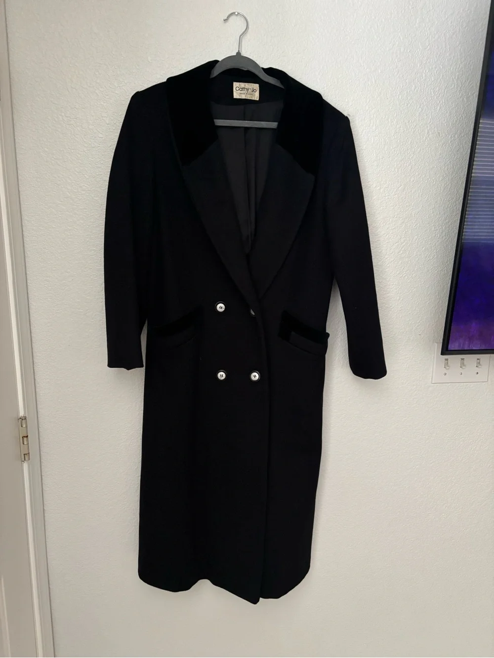 Cathy Jo Vintage Black Wool Coat Velvet Collar Double Breasted Longline USA M - Picture 2 of 8